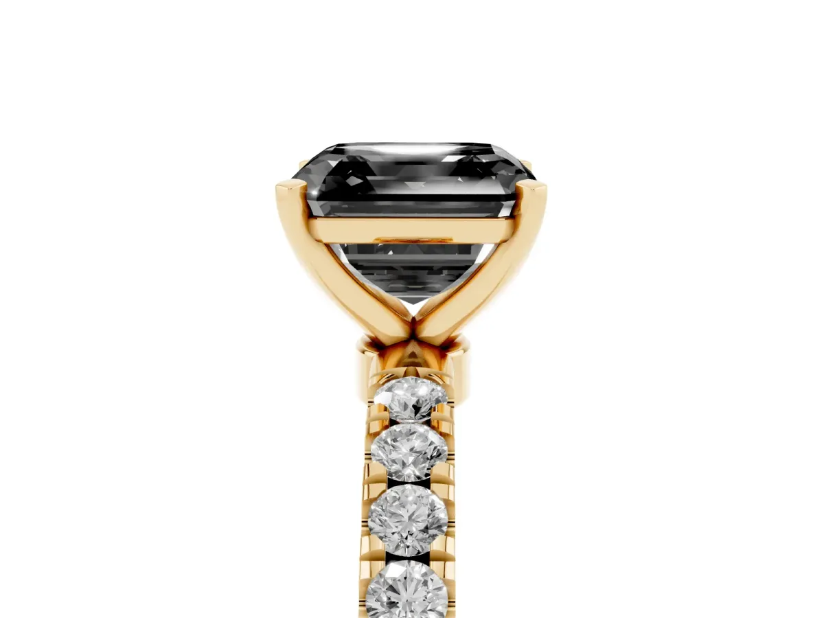Fancy Black Asscher Cut Diamond Solitaire Ring with Pavé Accents and Four-Prong Setting Yellow gold