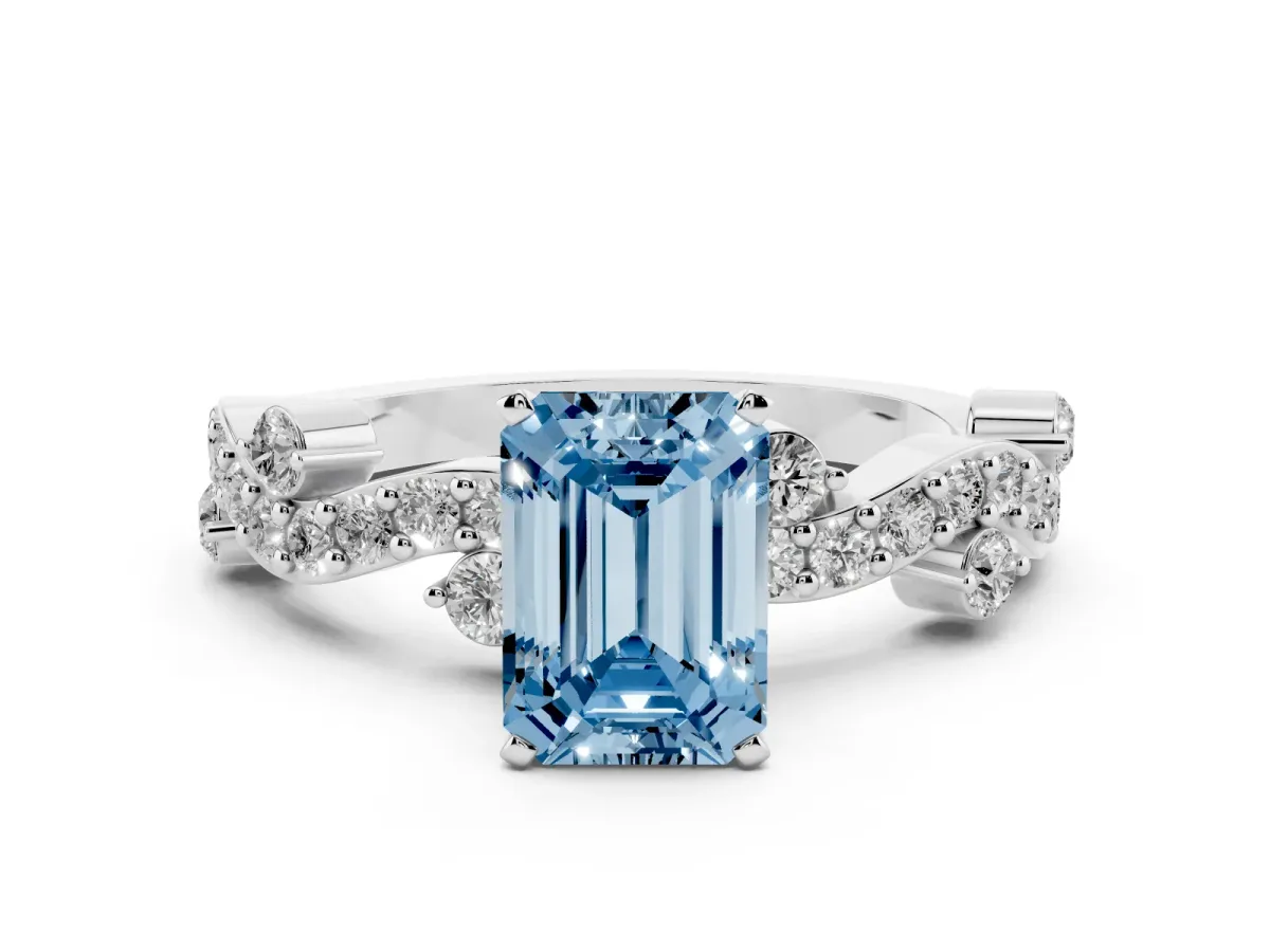 Fancy Blue Emerald Cut Cut Solitaire Diamond Twisted Band with Pave Setting White gold