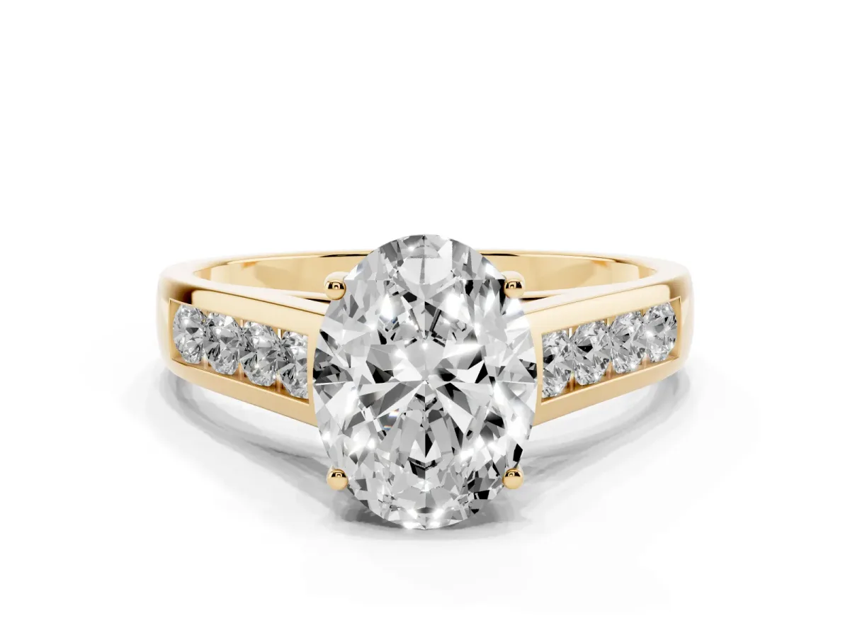 Oval Cut Solitaire Channel-Set Diamond Engagement Ring with Four-Prong Setting Yellow gold