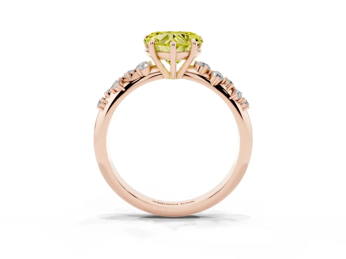 Fancy Yellow Heart Cut Diamond Cluster Side Stone Solitaire Ring with Prong Setting Rose gold