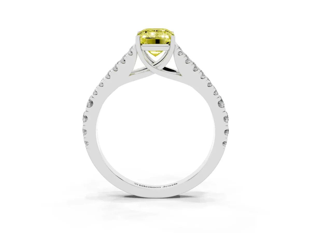 Fancy Yellow Emerald Cut Diamond Split Shank Pavé Engagement Ring with Four-Prong Setting White gold