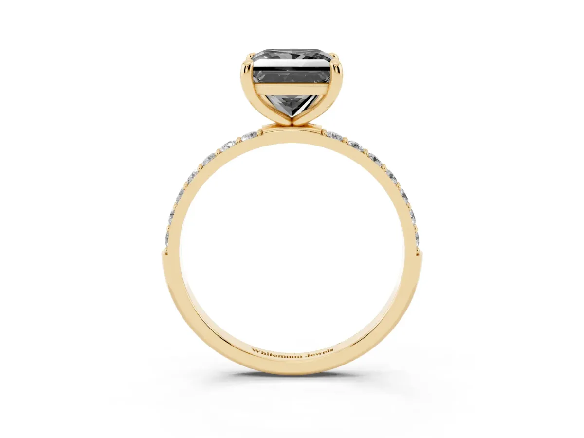 Fancy Black Princess Cut Diamond Solitaire Ring with Round Pavé Band and Prong Setting Yellow gold