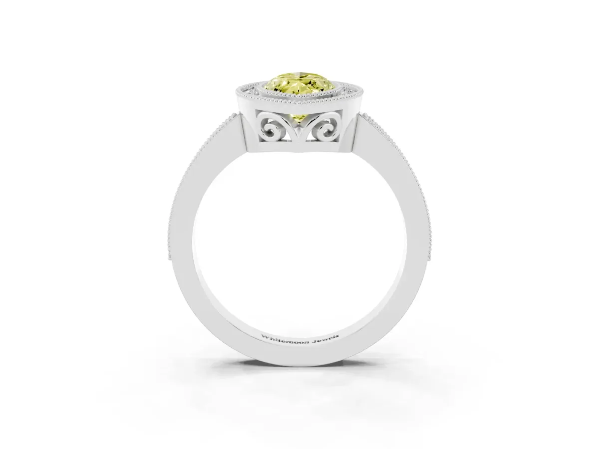 Fancy Yellow Marquise Cut Cut Halo Diamond Ring with Pavé Band and Milgrain Prong Setting Silver