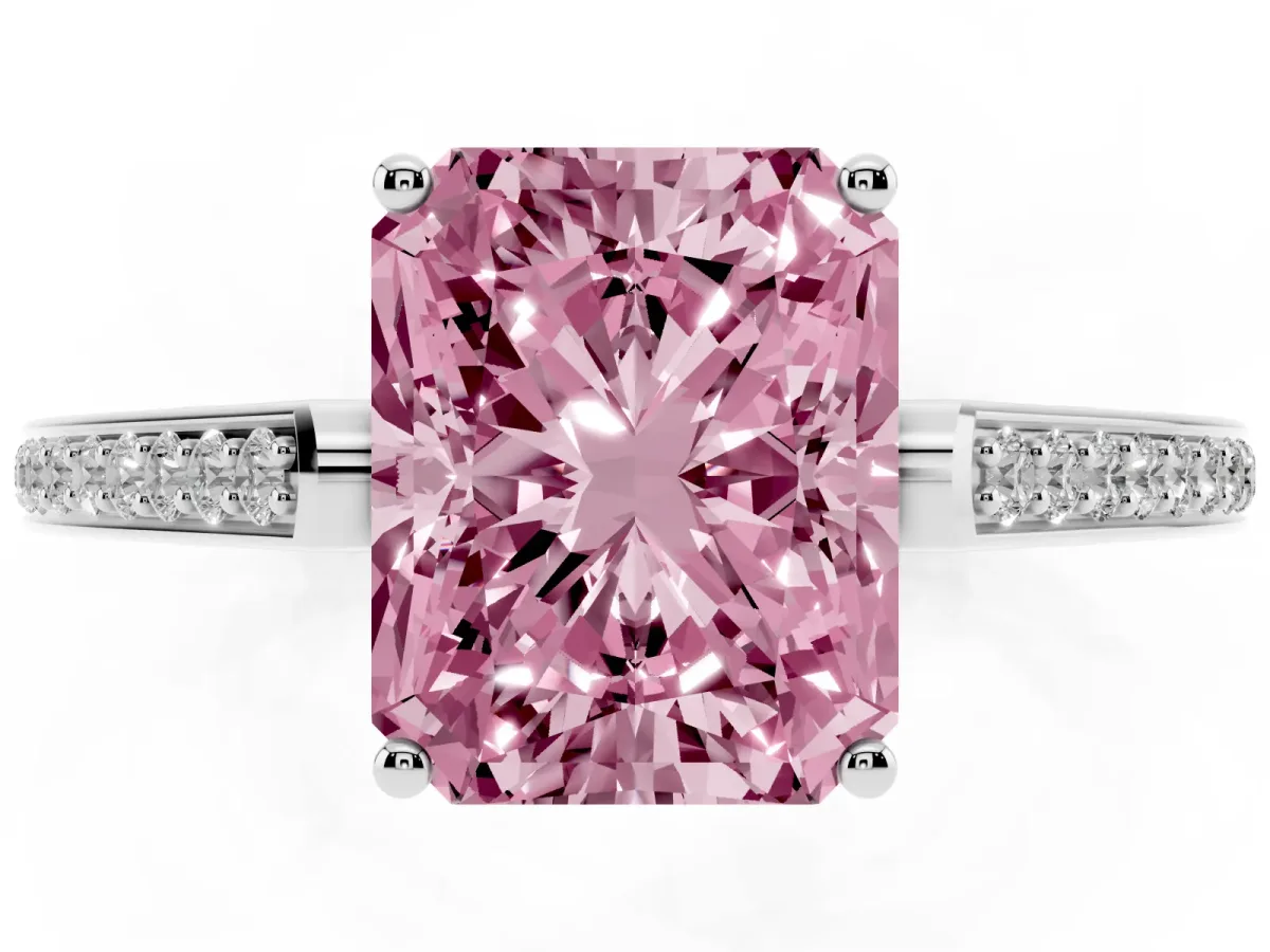 Fancy Pink Radiant Cut Cut Cathedral Pave Diamond Engagement Ring with Six-Prong Setting Platinum
