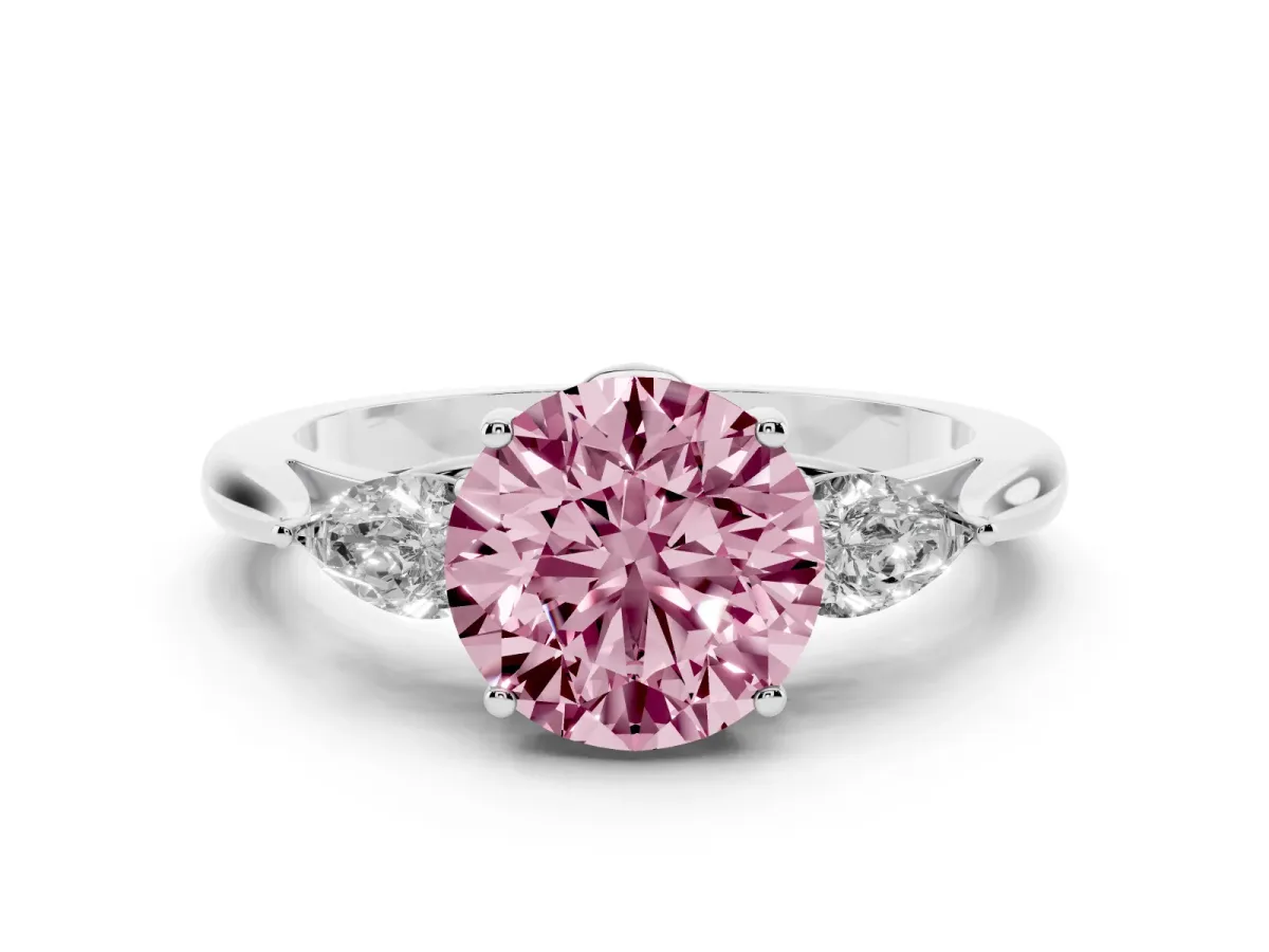 Fancy Pink Three-Stone Round Cut Brilliant Diamond Solitaire Ring with Tapered Band and Four-Prong Setting Silver