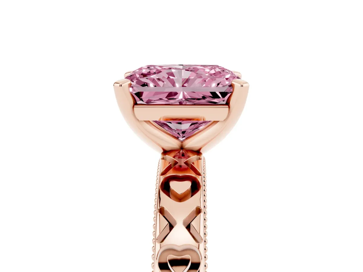 Fancy Pink Radiant Cut Solitaire Diamond Engagement Ring with XO Engraved Band and Four-Prong Setting Rose gold