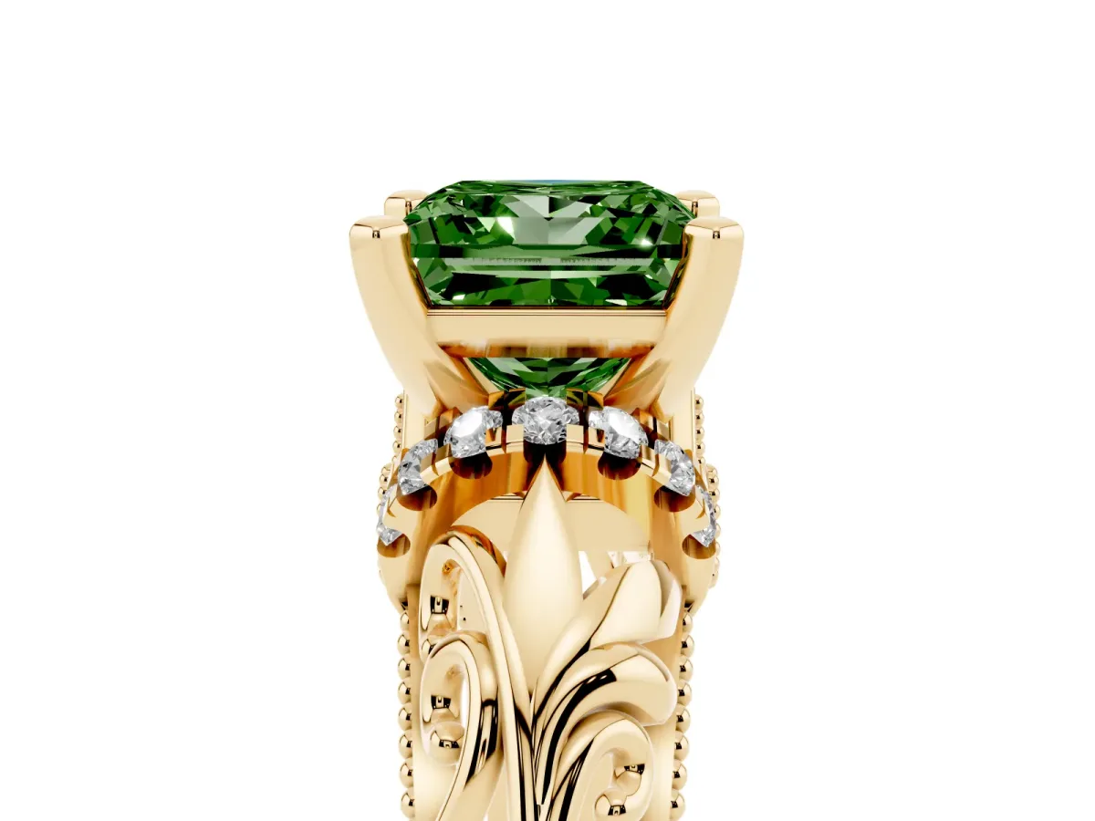 Fancy Green Princess Cut Solitaire Filigree Engagement Ring with Halo and Prong Setting Yellow gold