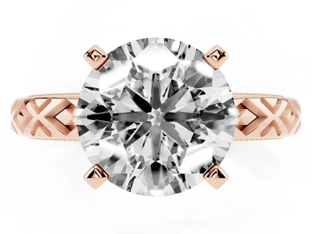 Round Cut Solitaire Diamond Ring with Milgrain and Black Enamel X Pattern Band Rose gold