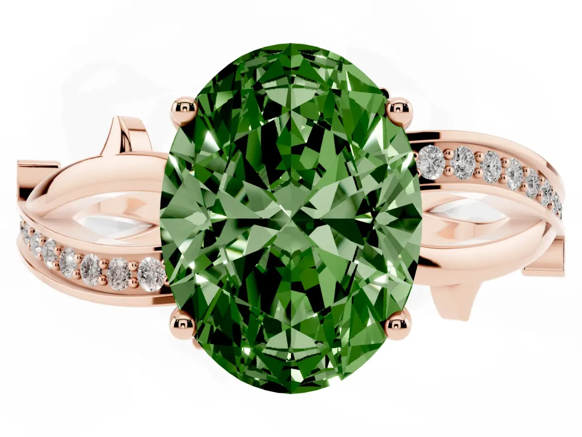 Fancy Green Oval Cut Solitaire Twist Band with Pavé Accents and Four-Prong Setting Rose gold