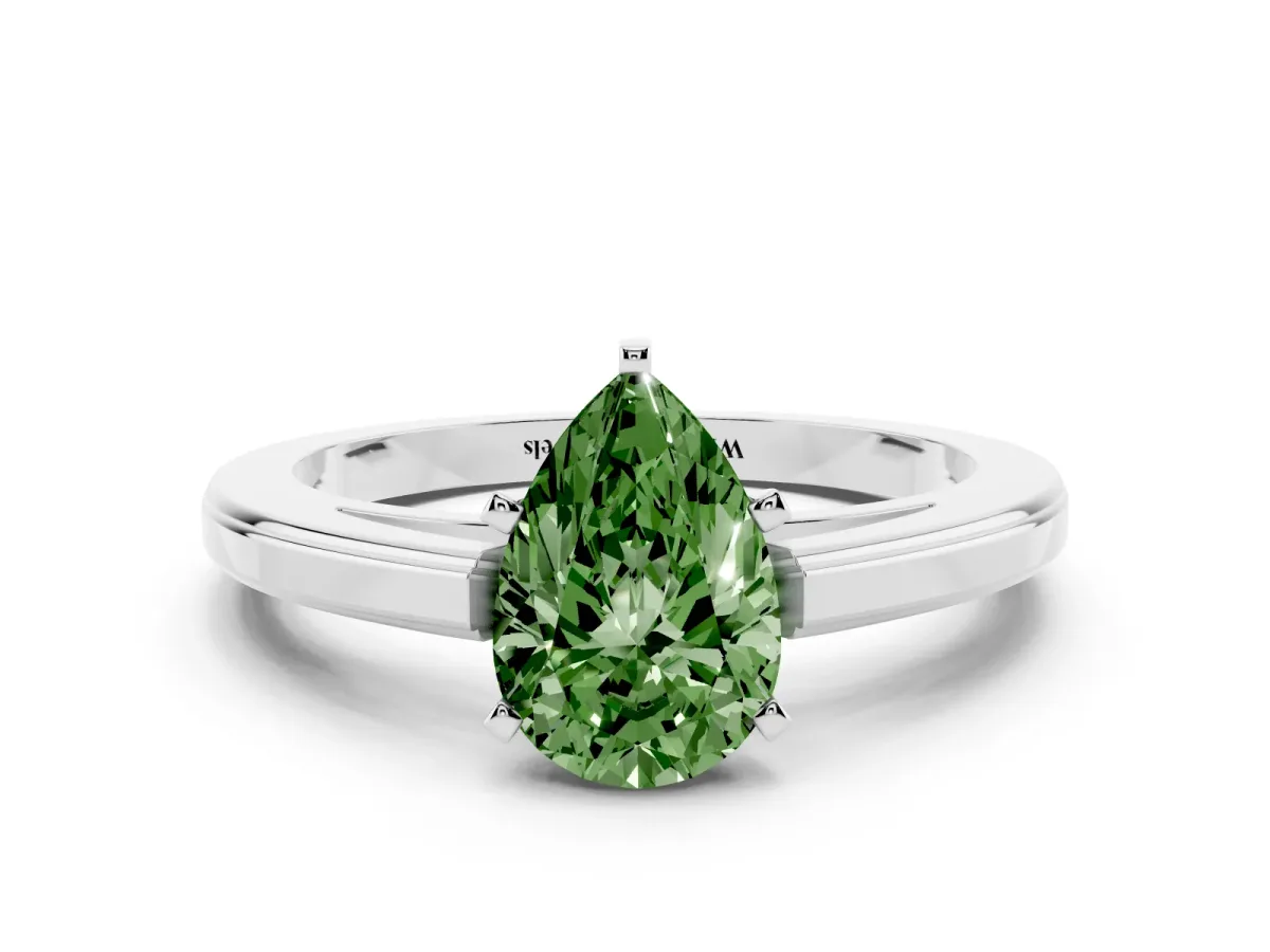 Fancy Green Pear Cut Solitaire Diamond Ring with Four-Prong Setting and Classic Band Silver