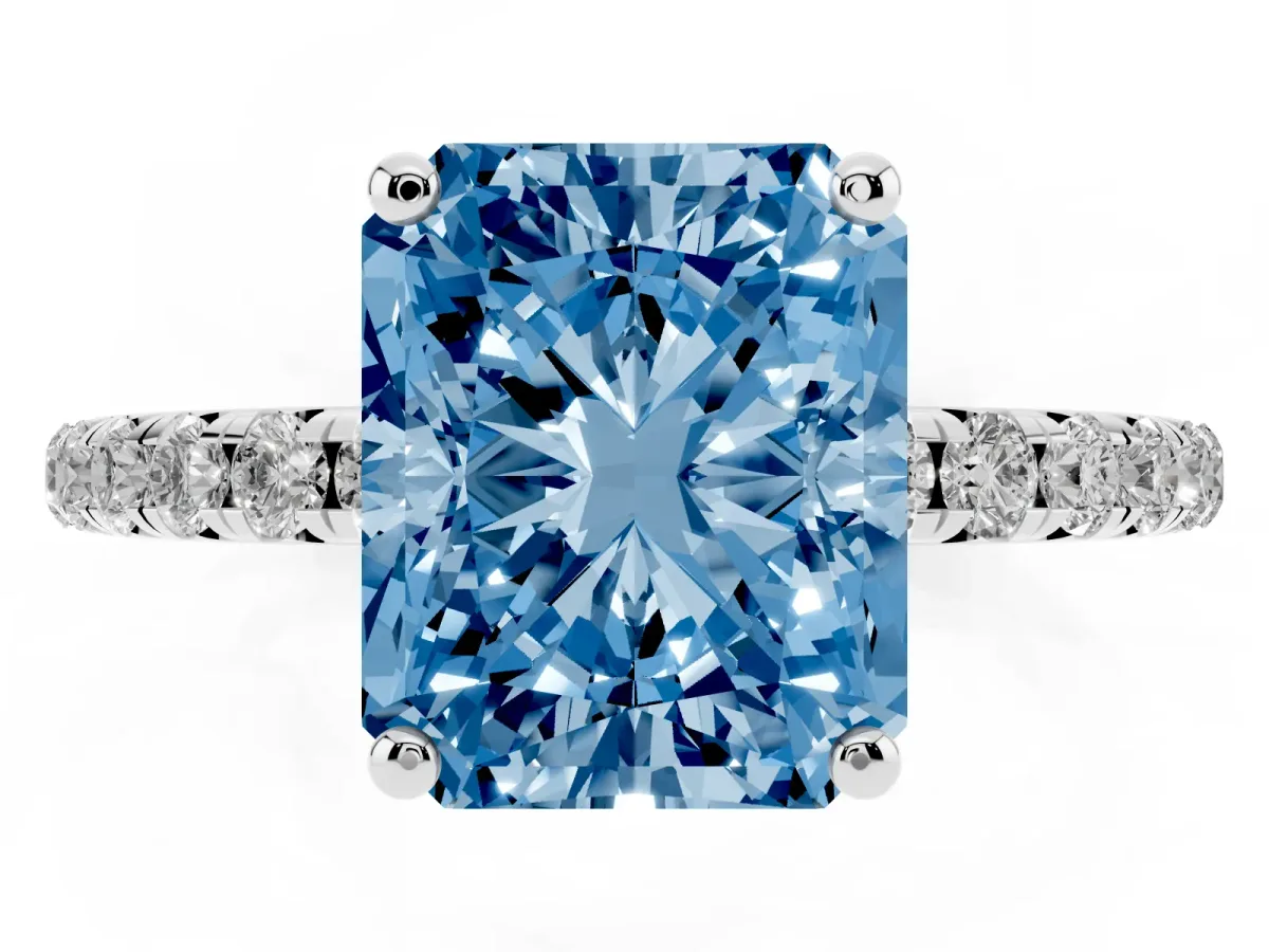 Fancy Blue Radiant Cut Cut Diamond Solitaire Ring with Micro Pave Band and Four Prong Setting Silver