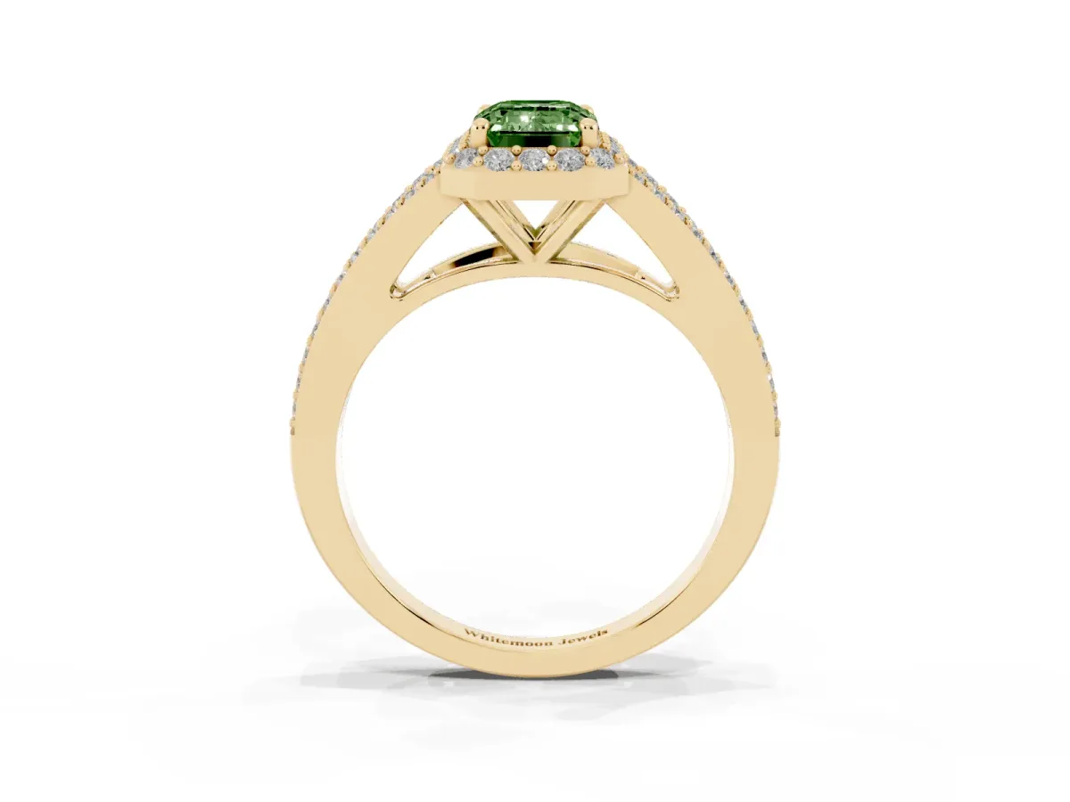 Fancy Green Emerald Cut Halo Split Shank Pave Diamond Ring with Four-Prong Setting Yellow gold