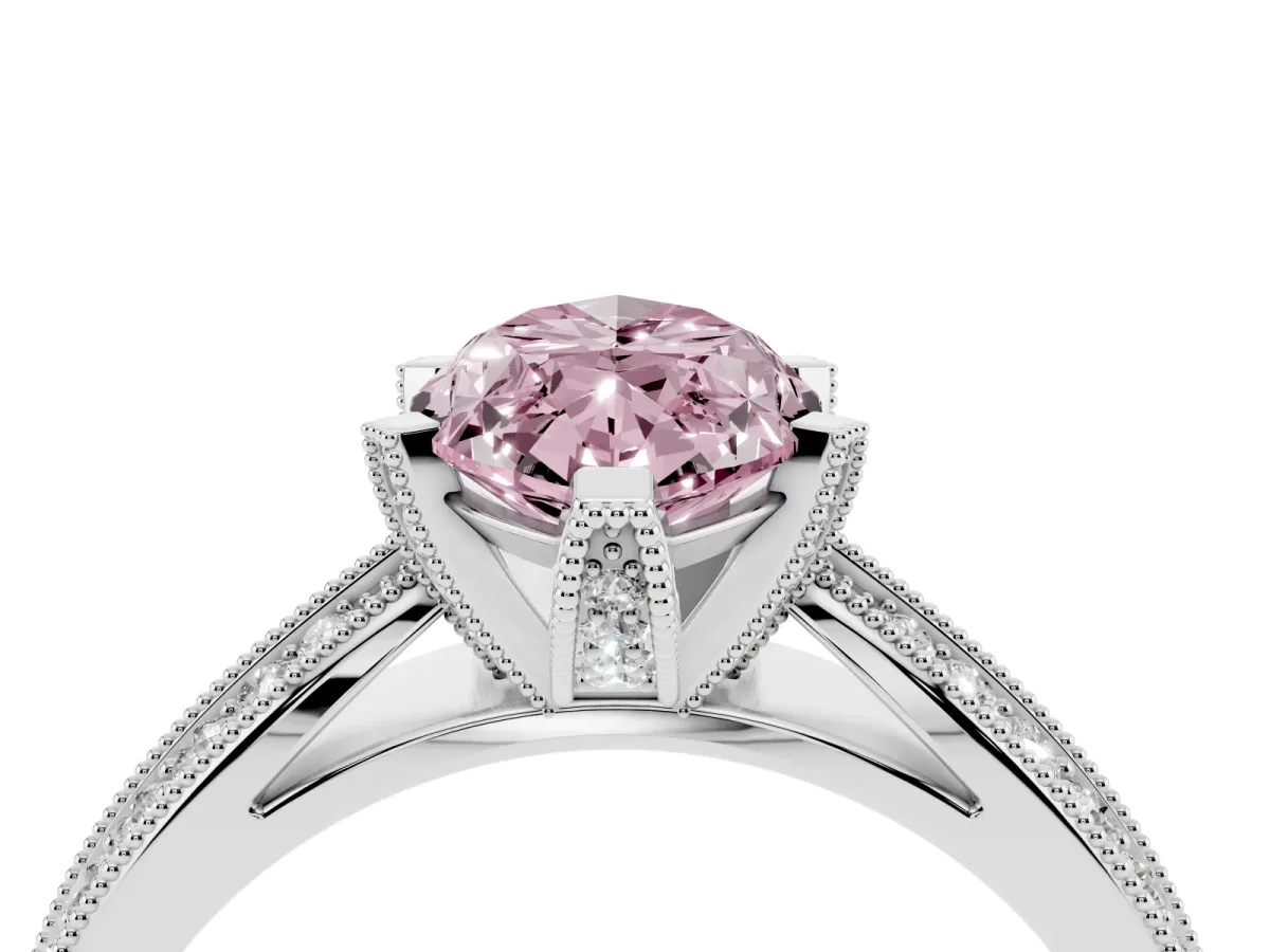 Fancy Pink Marquise Cut Diamond Solitaire Ring with Milgrain Round Pavé Band and Prong Setting Platinum