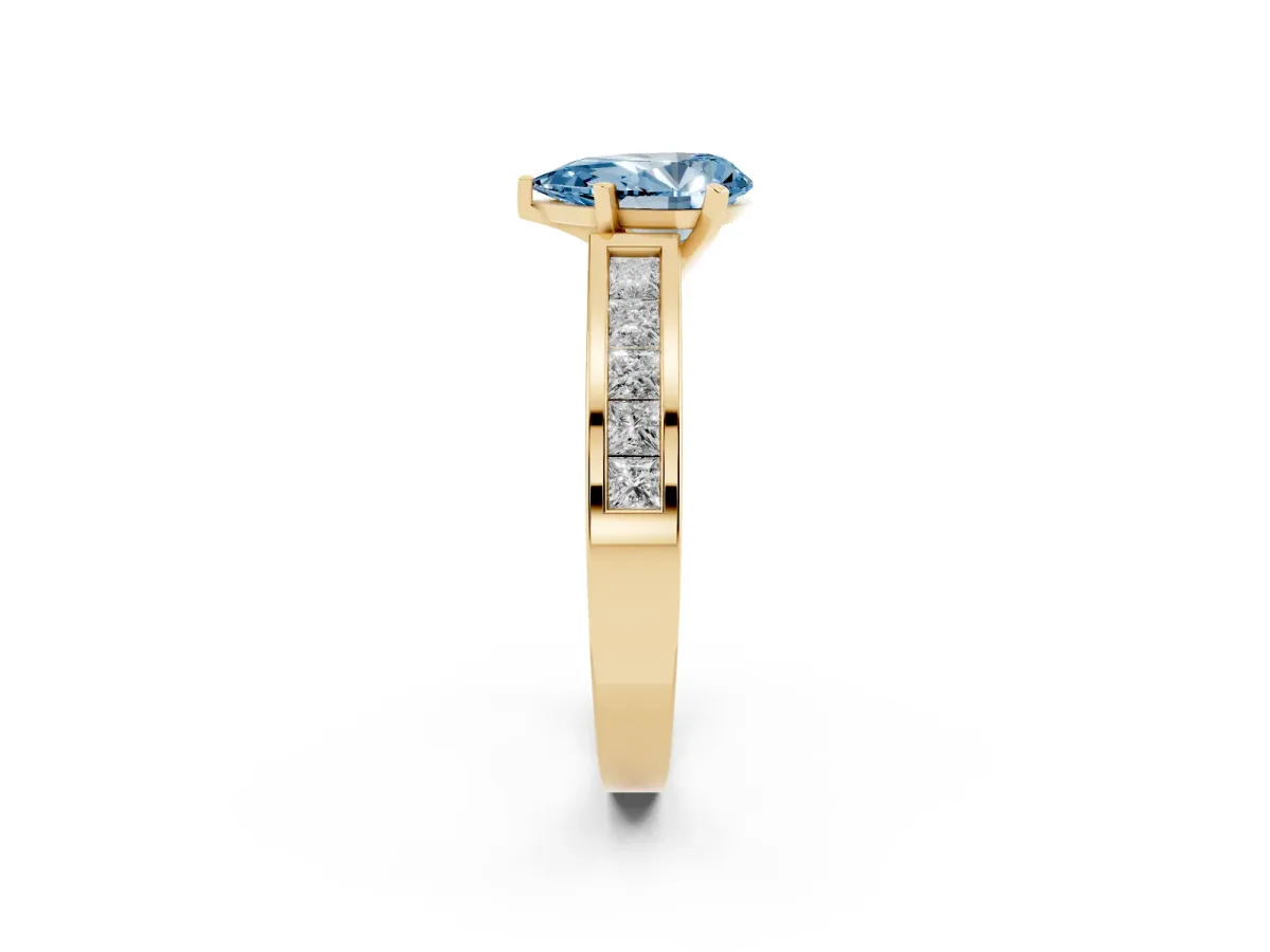 Fancy Blue Pear Cut Solitaire Diamond Ring with Channel-Set Band and Four-Prong Setting Yellow gold