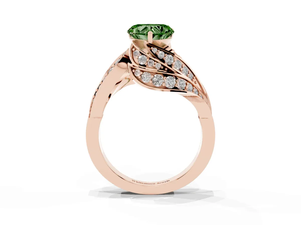 Fancy Green Heart Cut Diamond Solitaire Ring with Prong Setting and Twisted Pavé Band Rose gold