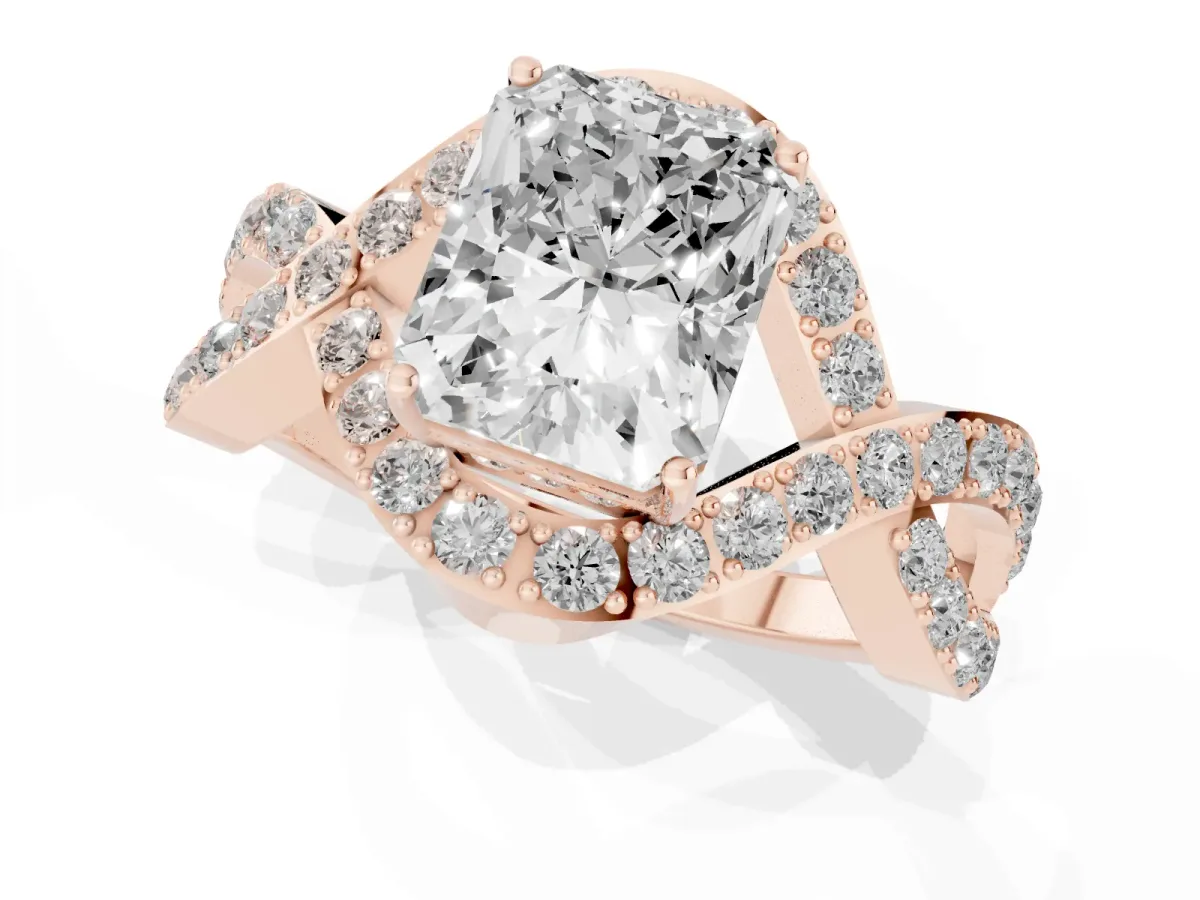 Radiant Cut Solitaire Twist Band Pavé Diamond Engagement Ring Rose gold