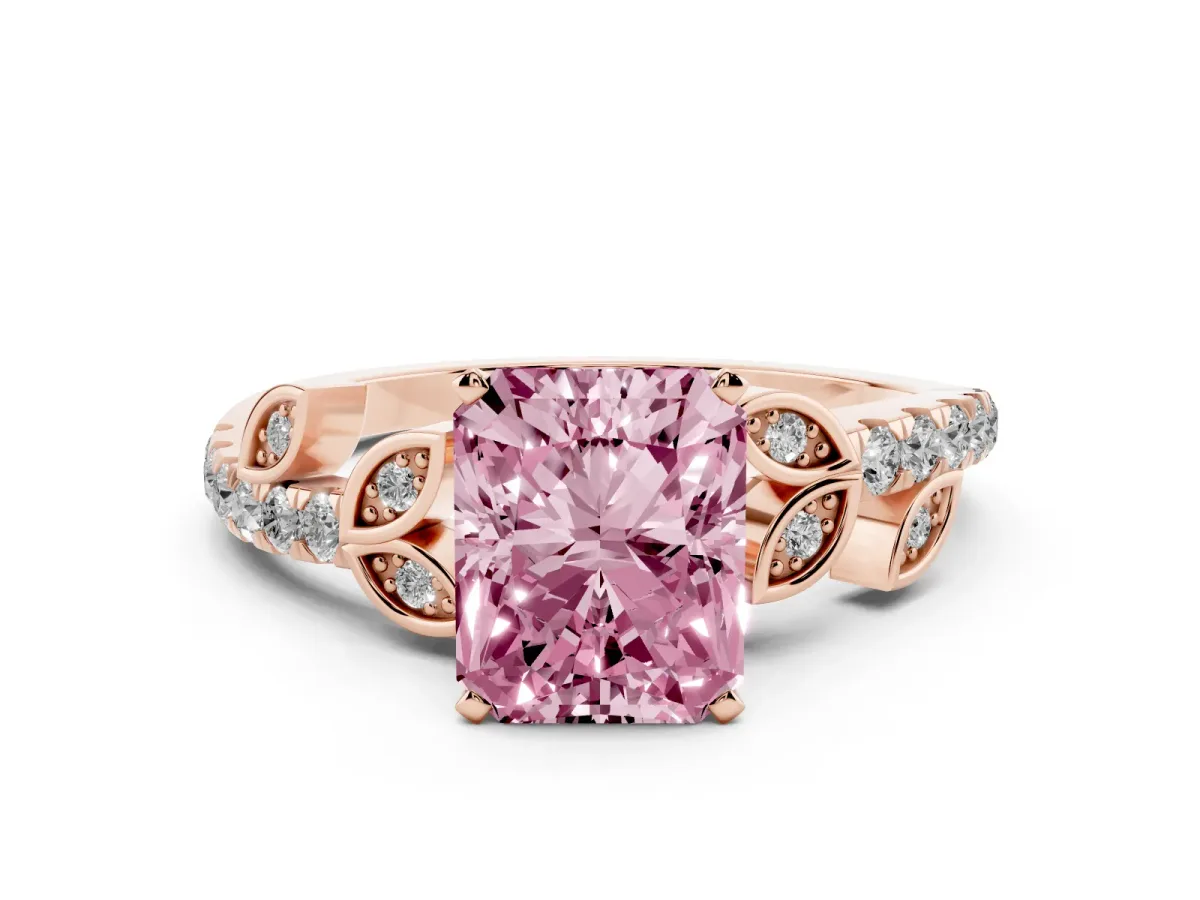 Fancy Pink Radiant Cut Solitaire Leaf-Inspired Diamond Ring with Pavé Band and Four-Prong Setting Rose gold