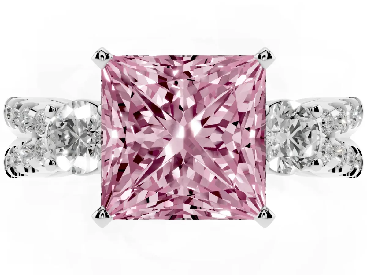 Fancy Pink Princess Cut Diamond Three-Stone Ring with Pavé Split Shank and Four-Prong Setting Silver