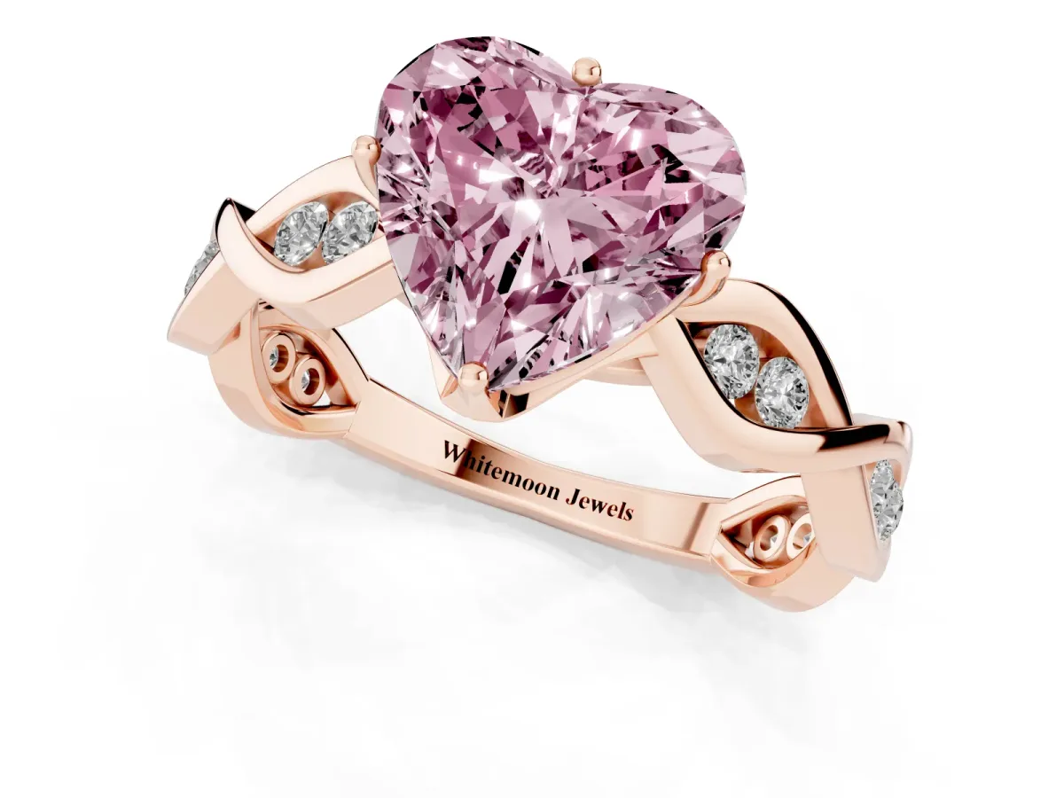 Fancy Pink Heart Cut Solitaire Twist Band with Leaf Prong Setting Rose gold