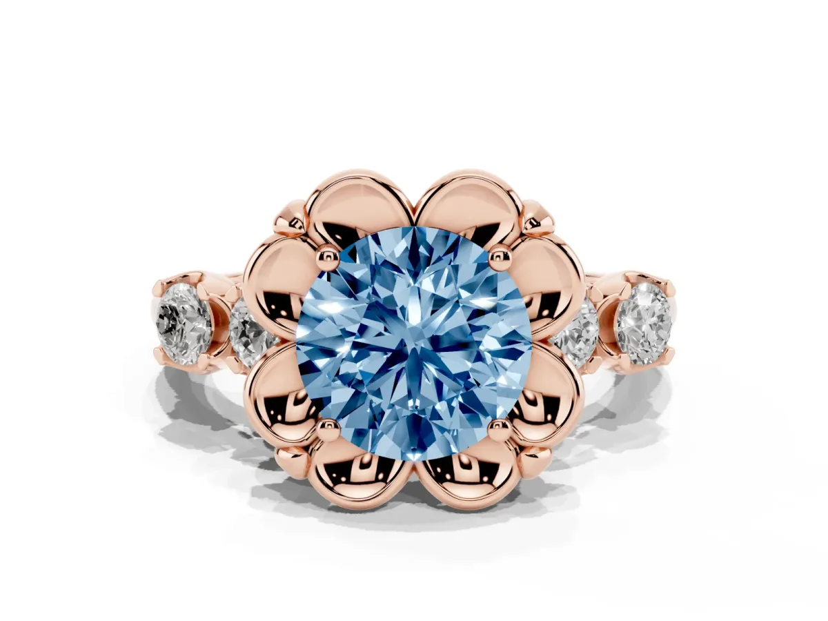 Fancy Blue Round Cut Cut Diamond Floral Halo Engagement Ring with Shared Prong Setting Rose gold