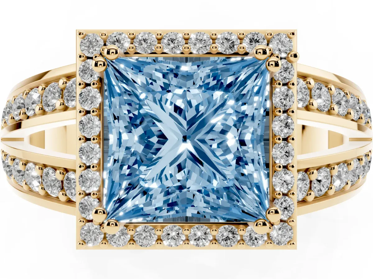 Fancy Blue Princess Cut Diamond Halo Ring with Split Shank Pavé Band and Four-Prong Setting Yellow gold