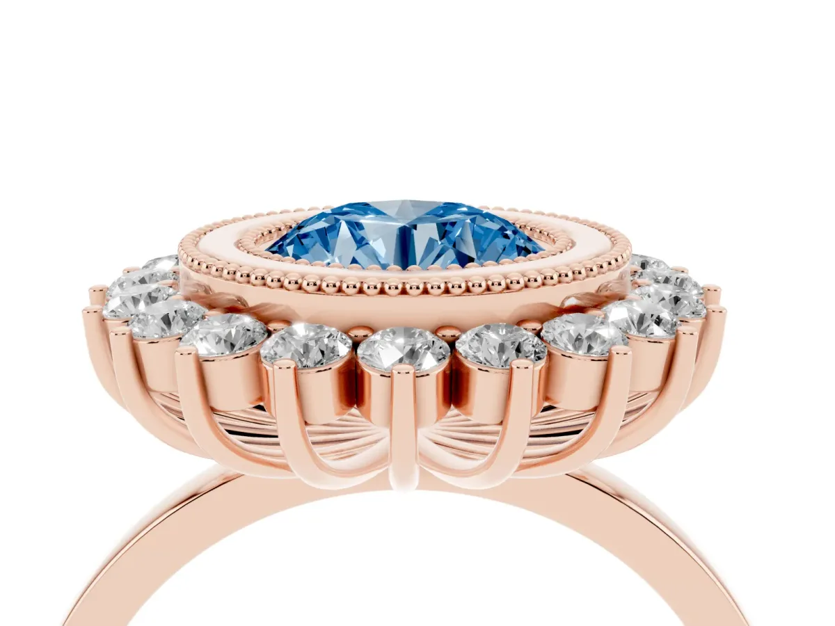 Fancy Blue Round Cut Halo Diamond Ring with Milgrain Edge and Round Prong Setting Rose gold