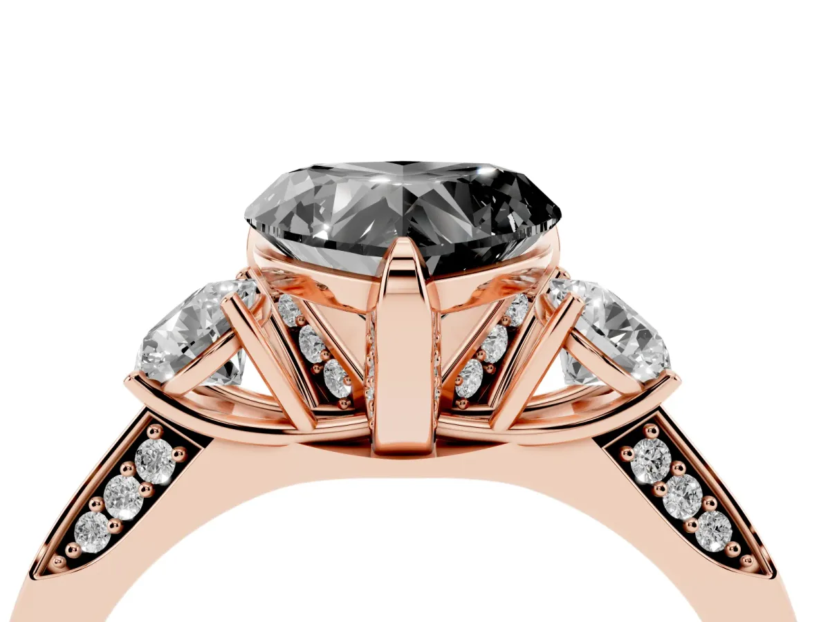Fancy Black Heart Cut Brilliant Three-Stone Diamond Ring with Pavé Band and Four-Prong Setting Rose gold