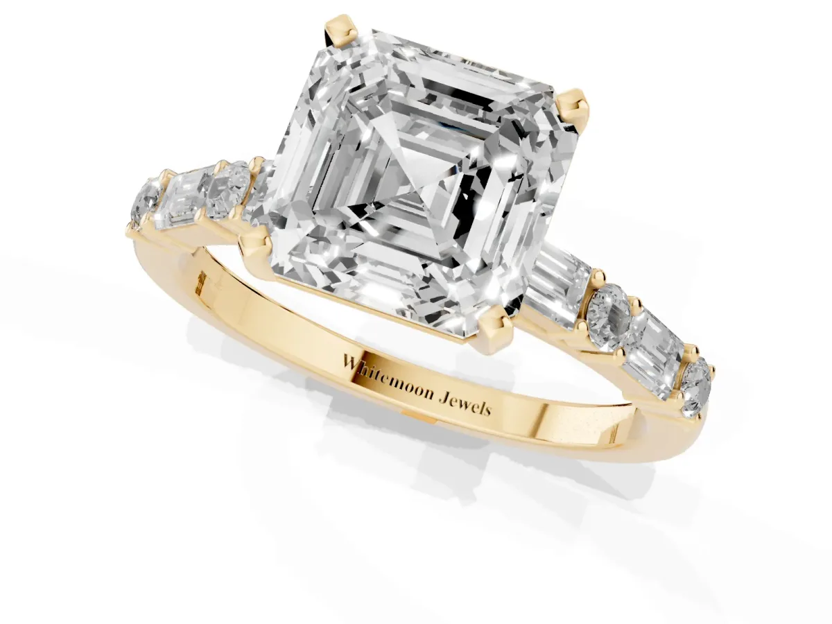 Asscher Cut Diamond Solitaire with Side Baguettes and Channel Set Band Yellow gold