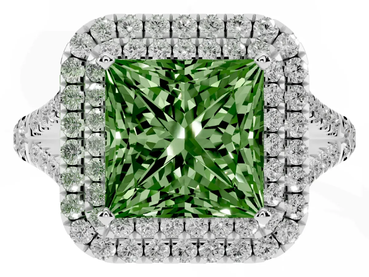 Fancy Green Double Halo Princess Cut Diamond Split Shank Engagement Ring with Four-Prong Setting Silver