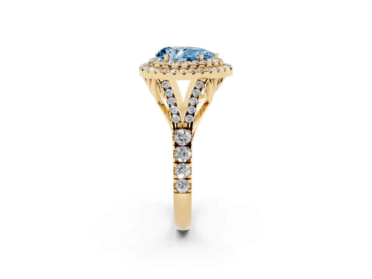 Fancy Blue Pear Cut Diamond Double Halo Ring with Split Shank and Prong Setting Yellow gold