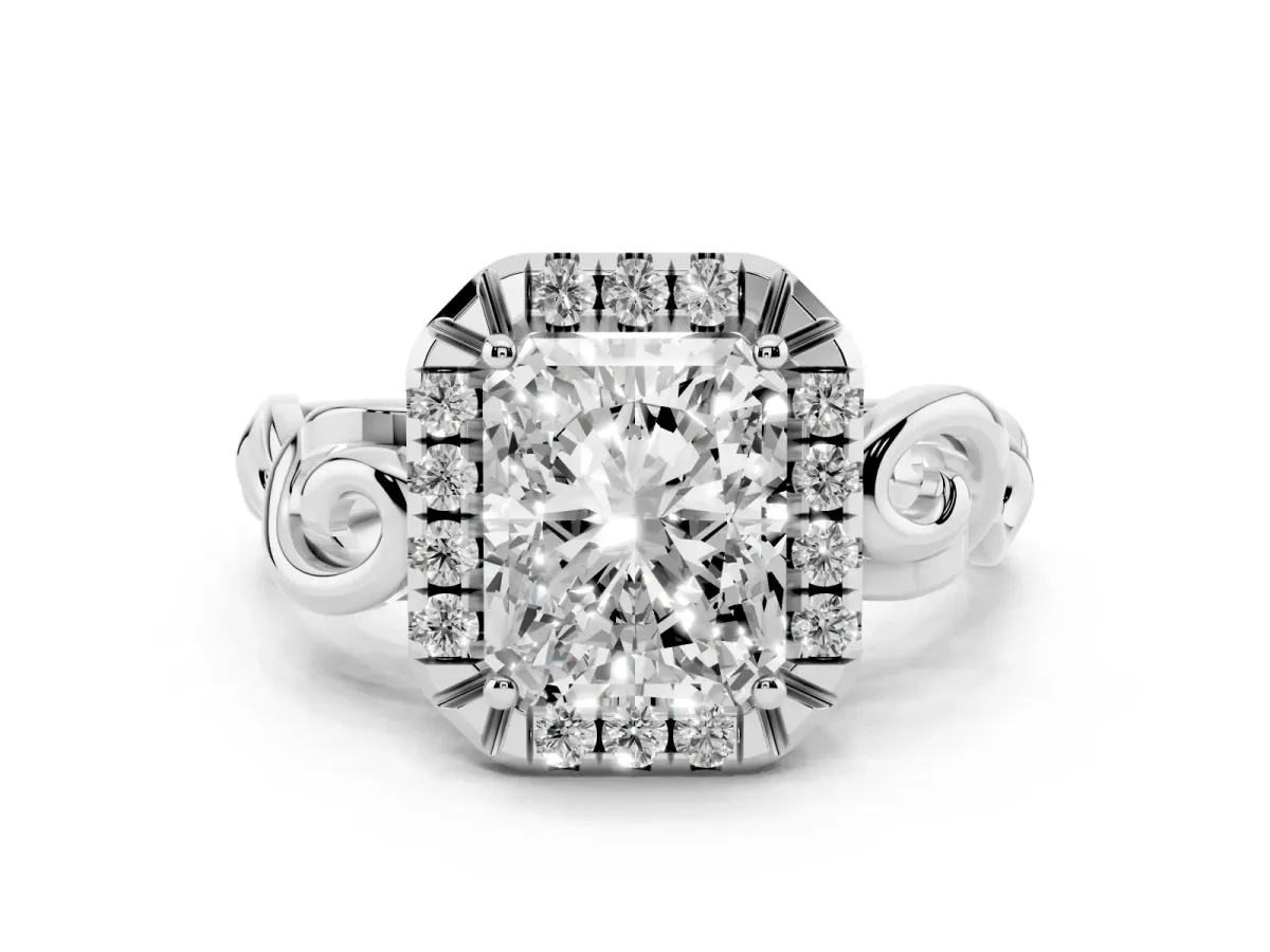 Radiant Cut Cut Halo Diamond Ring with Scrollwork Band and Four-Prong Setting Platinum