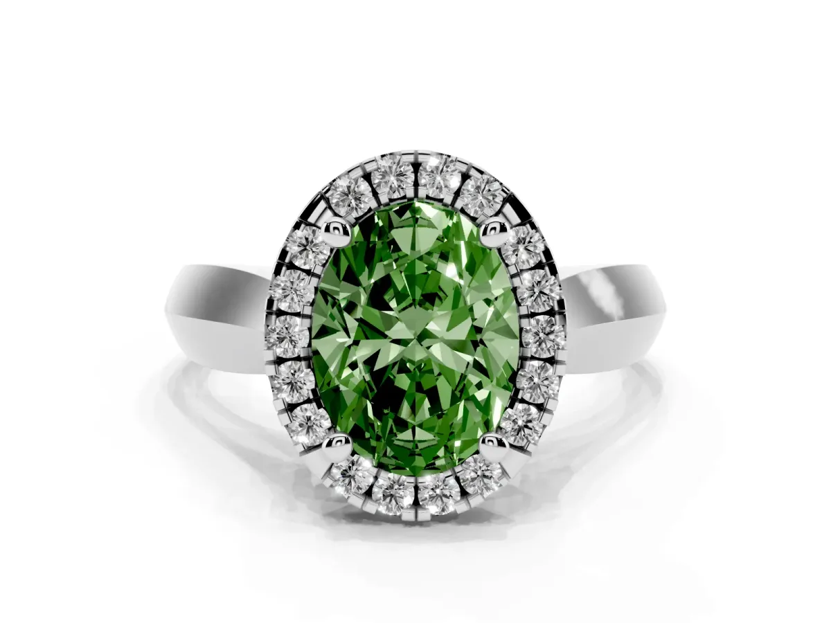 Fancy Green Oval Cut Cut Halo Solitaire Engagement Ring with Square Band and Four-Prong Setting Platinum