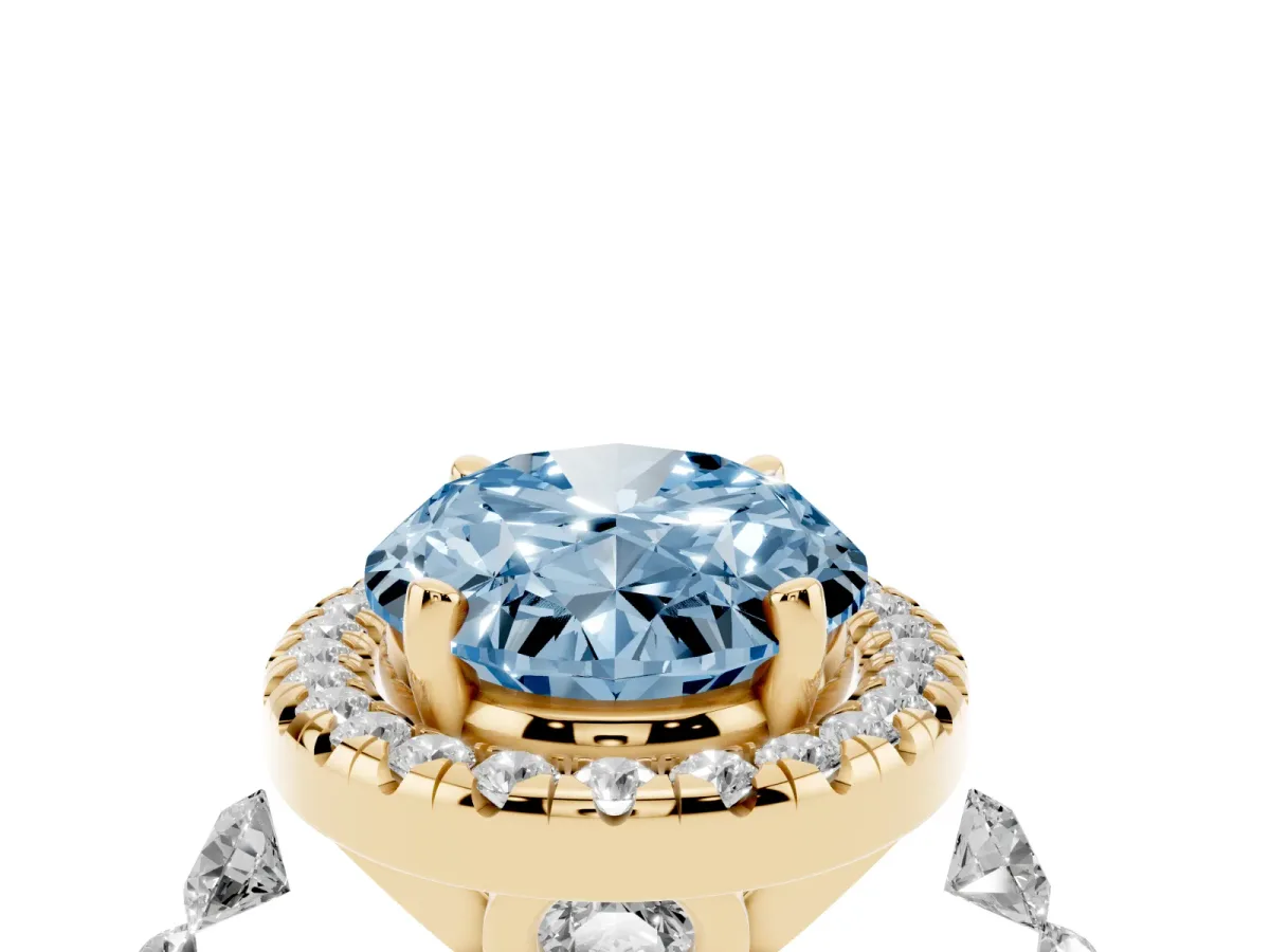 Fancy Blue Oval Cut Halo Pavé Diamond Engagement Ring with Four-Prong Setting Yellow gold