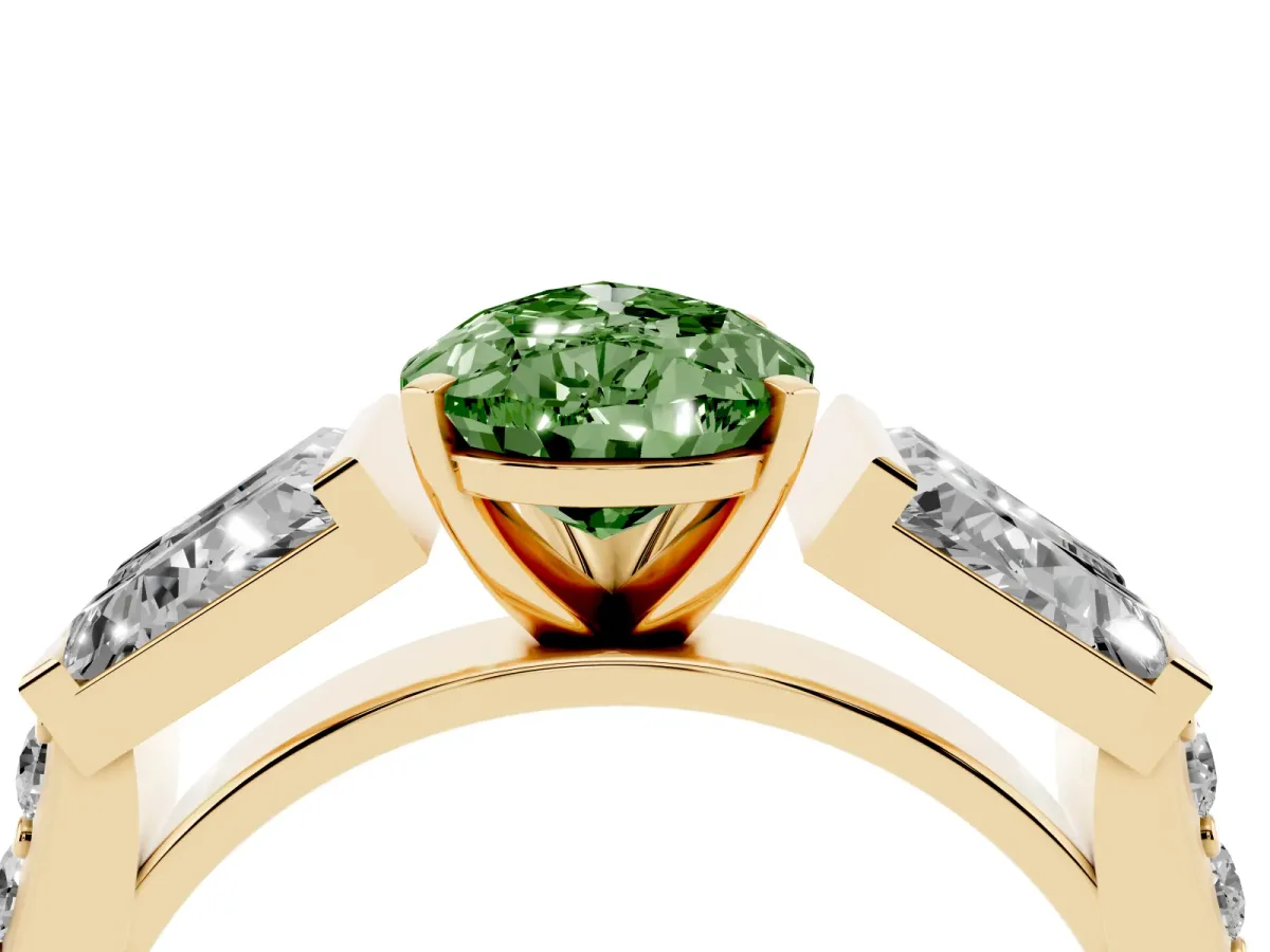 Fancy Green Pear Cut Diamond Engagement Ring with Baguette Side Stones and Channel Set Band Yellow gold