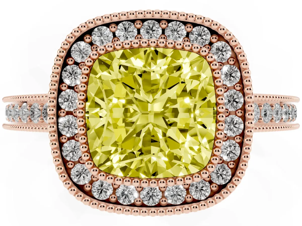 Fancy Yellow Cushion Cut Cut Halo Diamond Ring with Pavé Band and Milgrain Prong Setting Rose gold