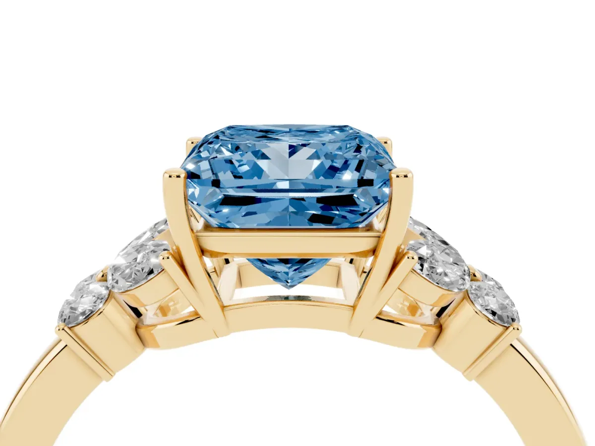 Fancy Blue Princess Cut Cut Solitaire Floral Diamond Ring with Four-Prong Setting Yellow gold