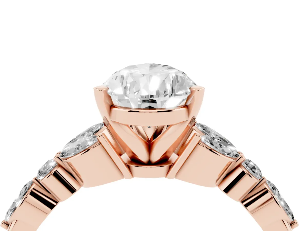 Pear Cut Diamond Solitaire Ring with Side Stones and Four-Prong Setting Rose gold