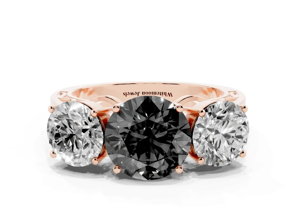 Fancy Black Round Cut Diamond Three-Stone Ring with Prong Setting and Textured Band Rose gold