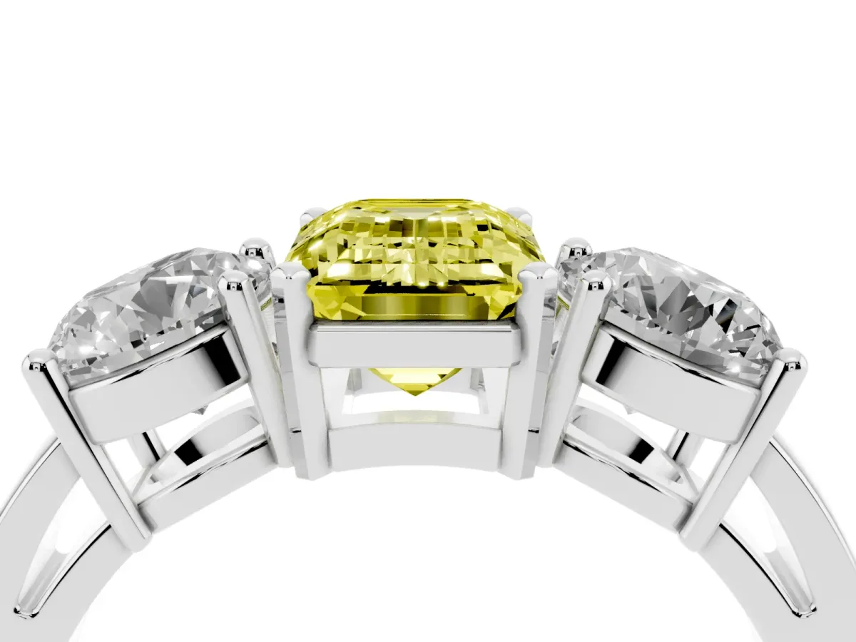Fancy Yellow Three-Stone Emerald Cut Diamond Ring with Round Side Stones, Classic Band, and Four-Prong Setting Silver