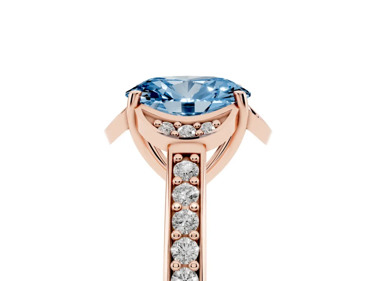 Fancy Blue Oval Cut Cut Halo Diamond Ring with Channel Set Band and Four-Prong Setting Rose gold