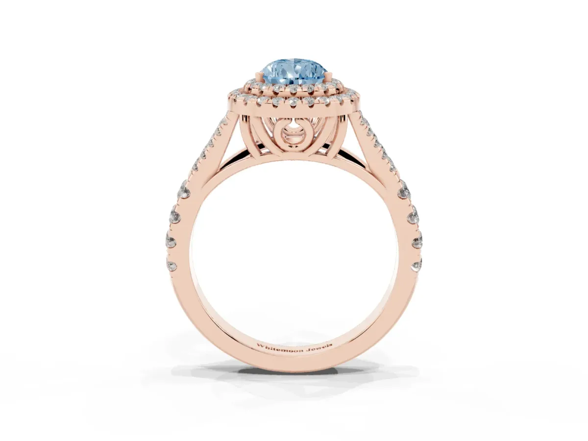 Fancy Blue Pear Cut Diamond Pavé Split Shank Double Halo Engagement Ring Rose gold