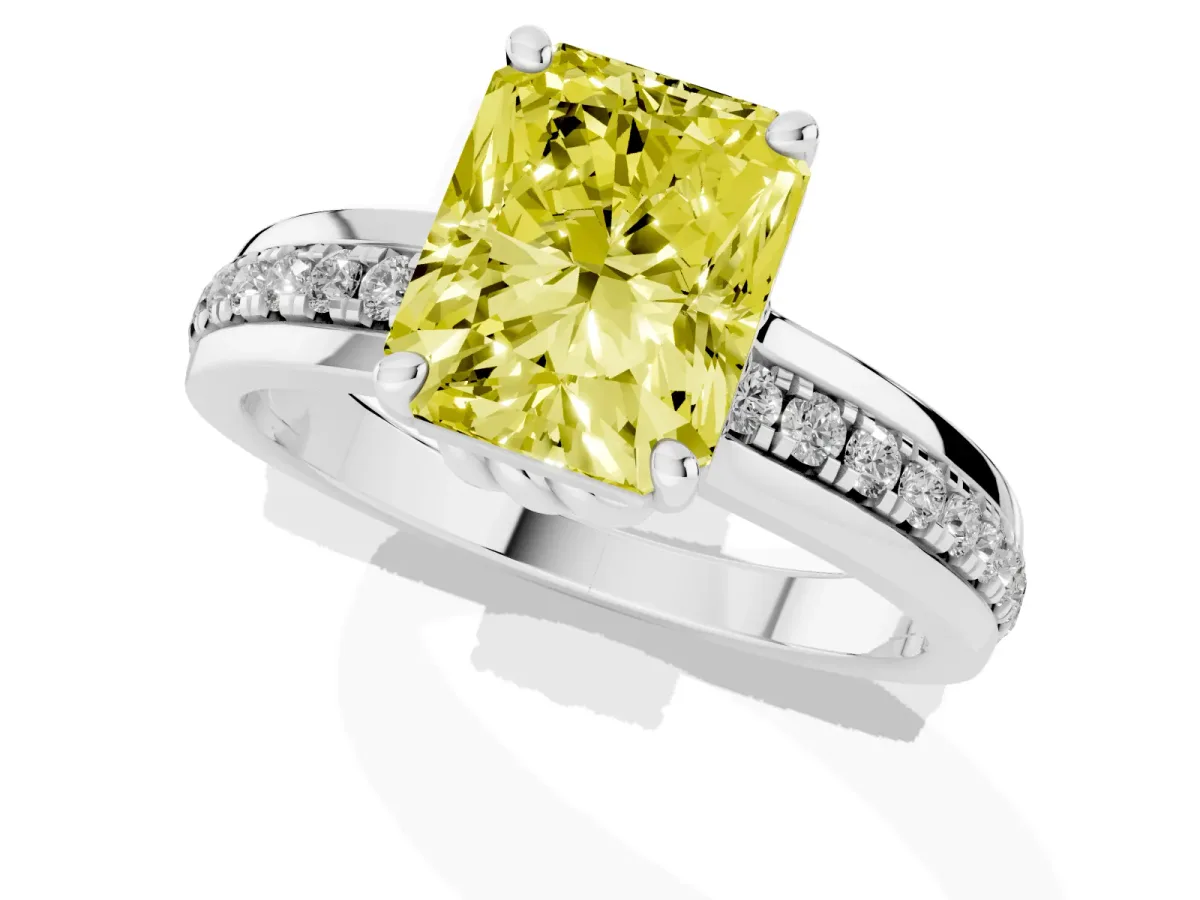 Fancy Yellow Radiant Cut Solitaire Diamond Ring with Channel Set Band and Six-Prong Setting White gold