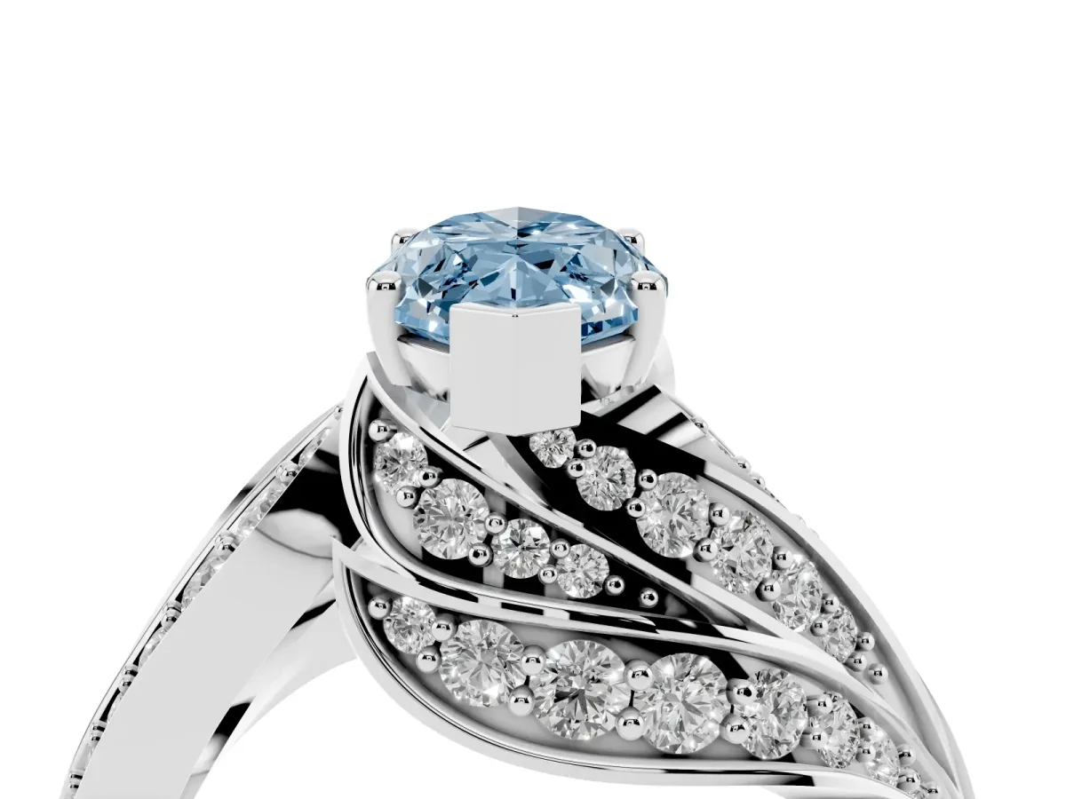 Fancy Blue Marquise Cut Diamond Solitaire Ring with Prong Setting and Twisted Pavé Band Silver