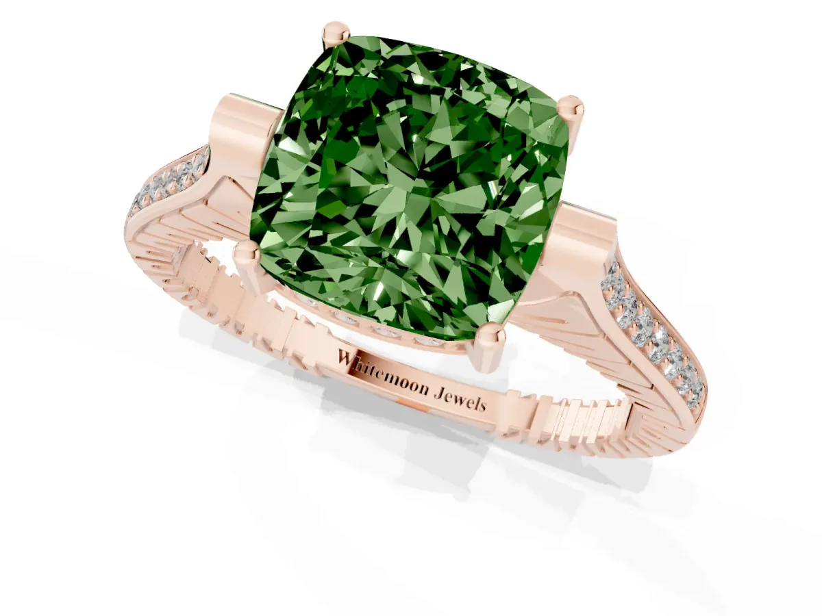Fancy Green Cushion Cut Solitaire Diamond Ring with Channel Set Band and Bezel Prong Setting Rose gold