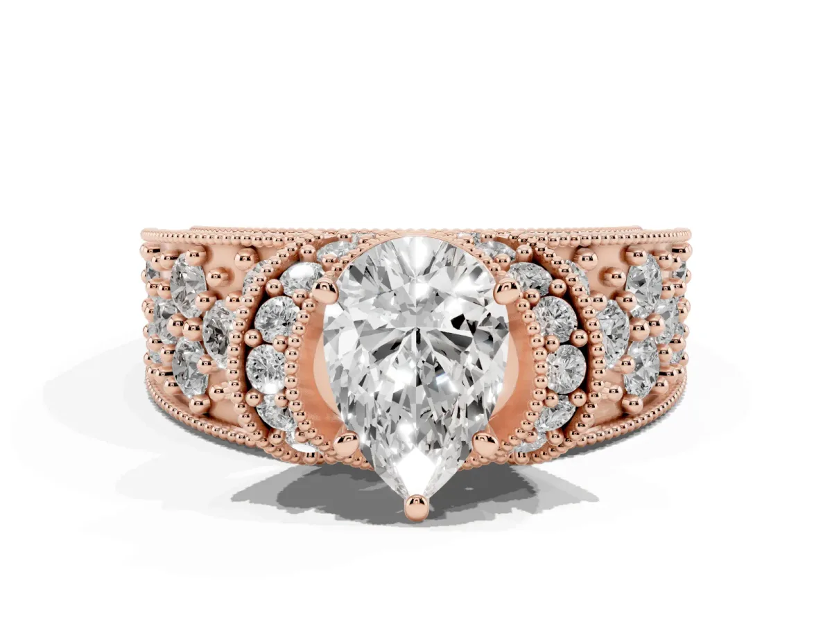 Pear Cut Halo Pave Diamond Engagement Ring with Milgrain Detailing Rose gold
