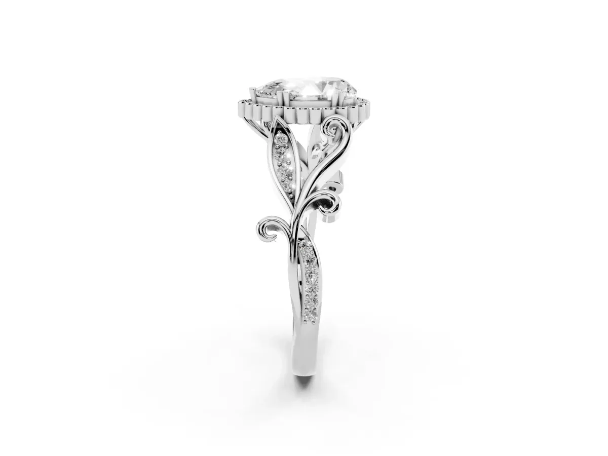 Pear Cut Diamond Halo Ring with Vintage Split Shank and Four-Prong Setting Platinum
