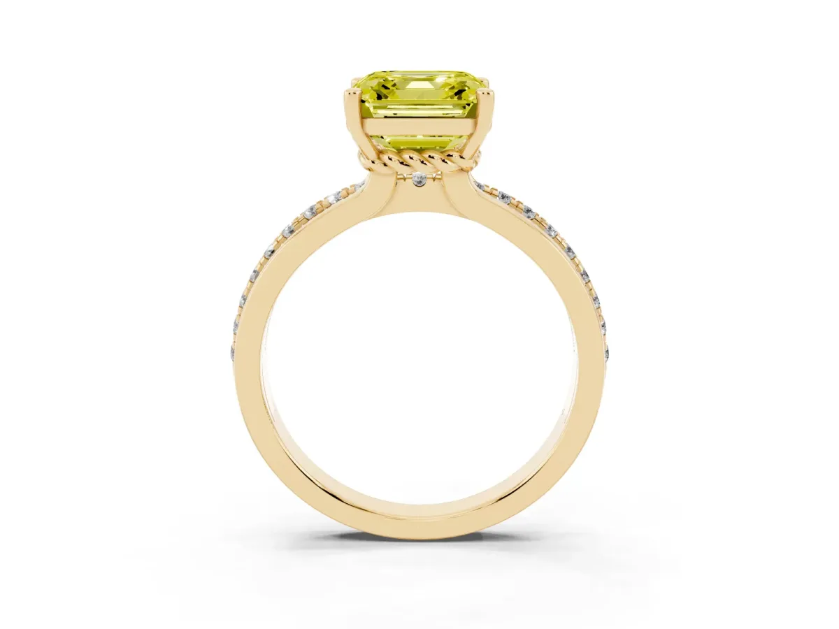 Fancy Yellow Asscher Cut Solitaire Diamond Ring with Channel Set Band and Six-Prong Setting Yellow gold