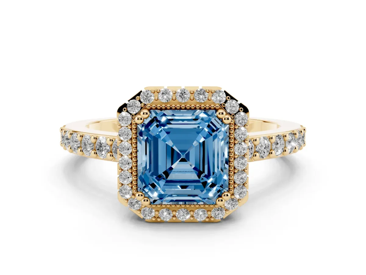 Fancy Blue Asscher Cut Cut Diamond Halo Engagement Ring with Milgrain Detail and Pavé Band Yellow gold