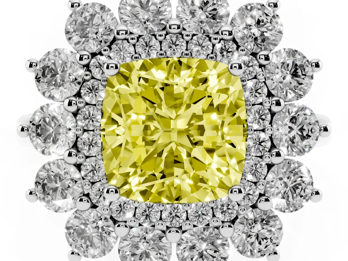 Fancy Yellow Cushion Cut Diamond Floral Double Halo Engagement Ring with Prong Setting White gold