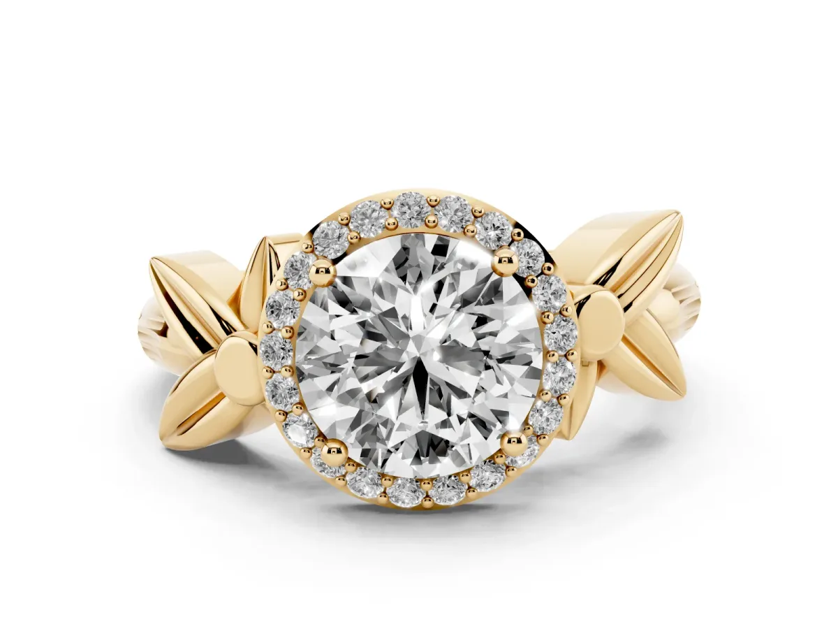 Round Cut Halo Diamond Floral Band with Four-Prong Setting Yellow gold